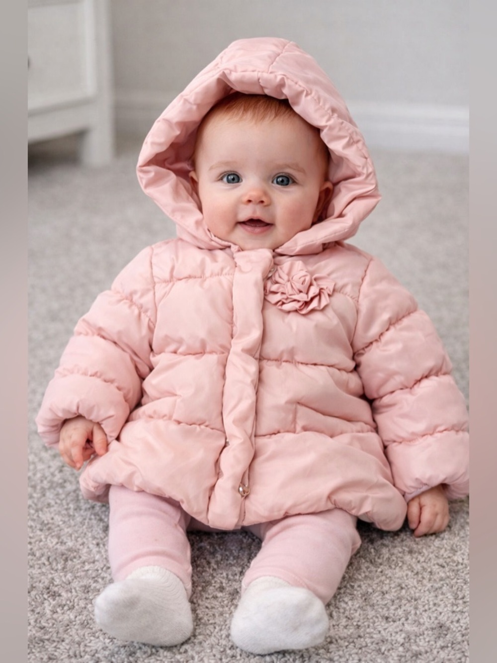 Zara Baby Pink Puffer Jacket 3-6 Months Hooded Winter Coat Girls
Flower Detail